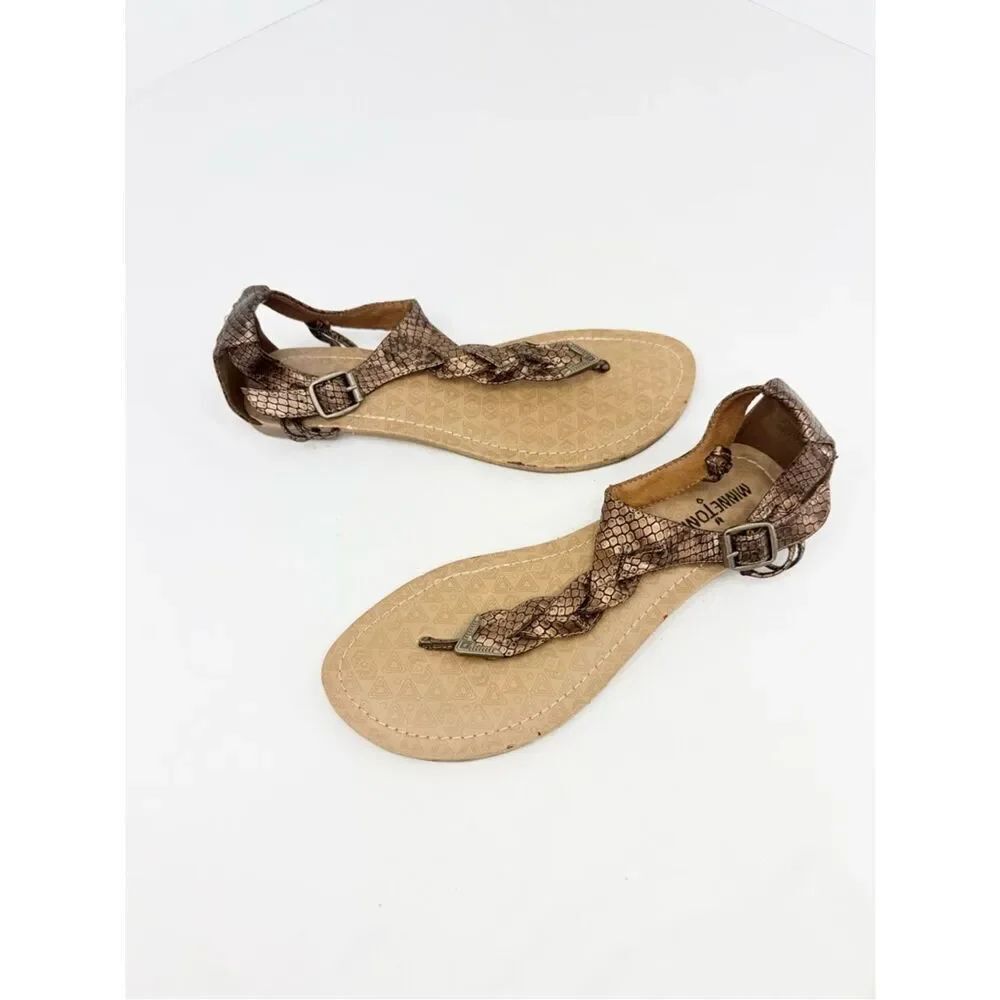 Minnetonka FIESTA Copper Metallic Reptile Thong T Strap Gladiator Flat Sandals